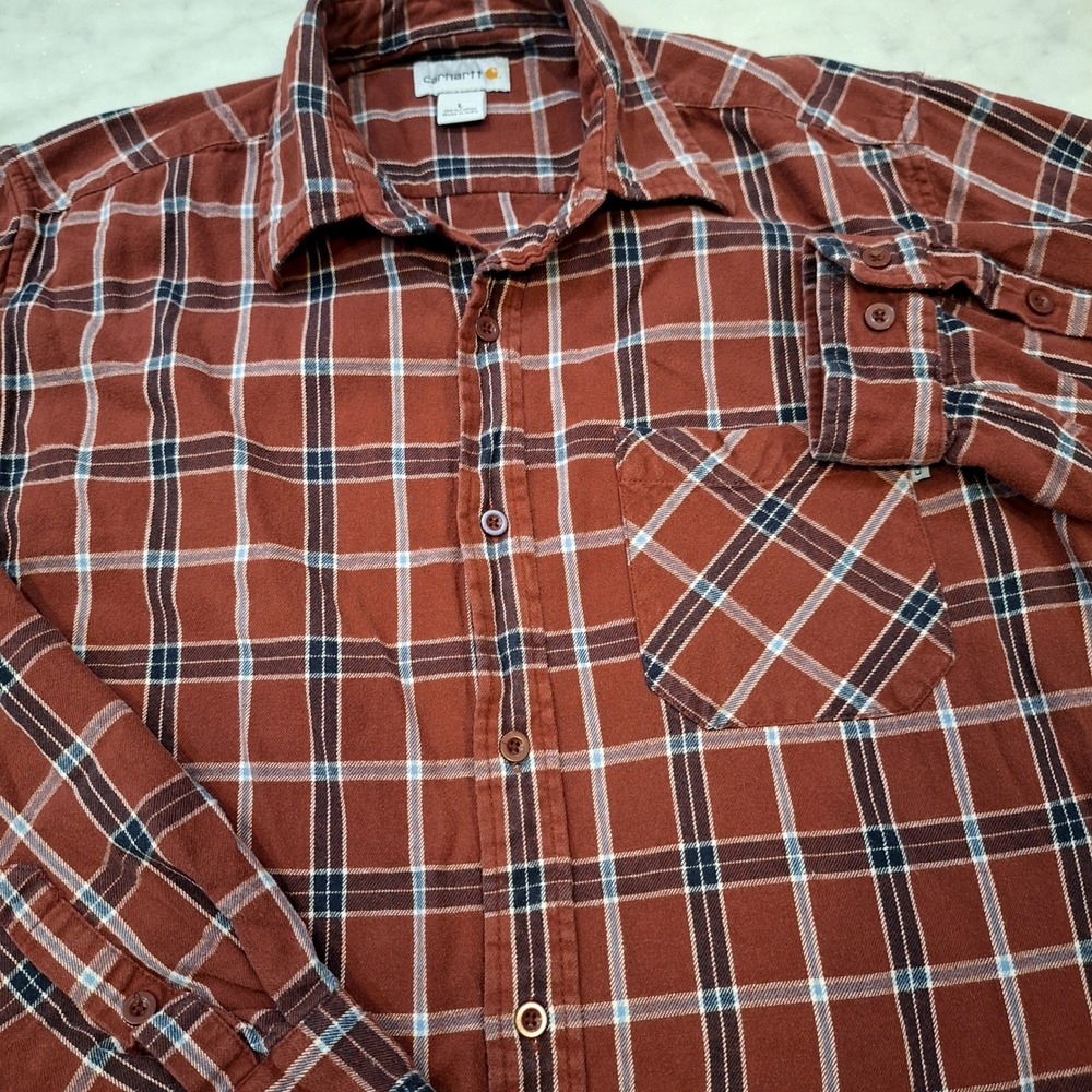 Carhartt Flannel Button Down Shirt Mens L Burgundy Plaid Long Sleeve S251 BOR